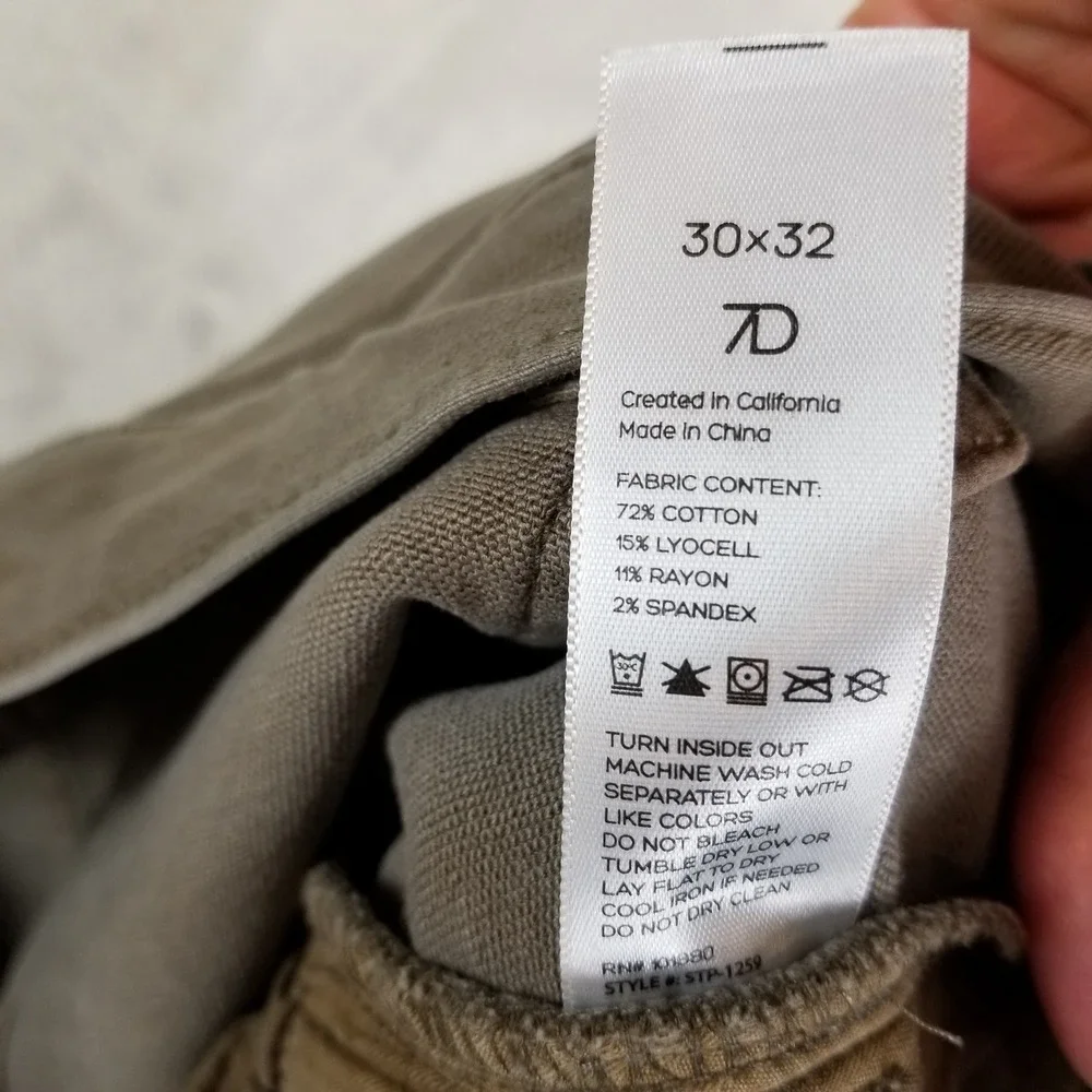 7 Diamonds Generation 5-Pocket Pants Mens 30x32 Olive Khaki Slim Stretch